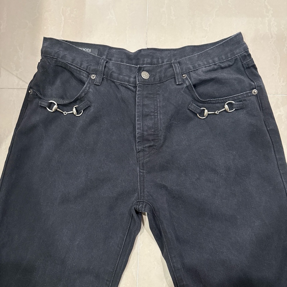 Gucci Men's Relaxed Jeans in Black with Silver Horsebit Hardware Wide  leg
